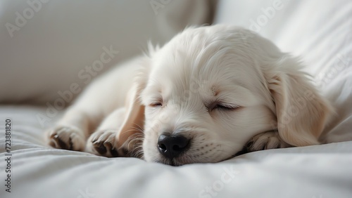Cute white puppy sleeping on a white bed from Generative AI
