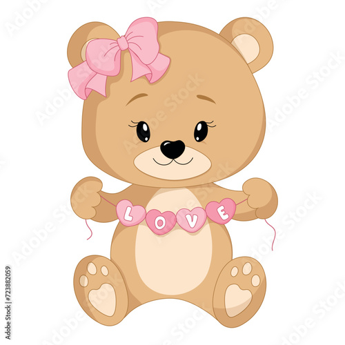 Pretty teddy bear with a pink garland of hearts isolated on a transparent background. Happy Valentine's Day. Vector illustration