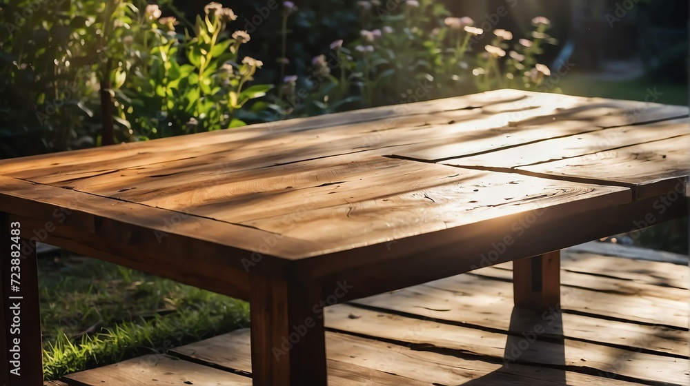Wooden table on garden with rays of sunlight from Generative AI