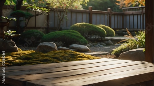 Wooden table on a japanese garden with rays of sunlight from Generative AI photo