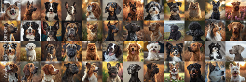 Panorama collage of many different happy dogs outdoors photo