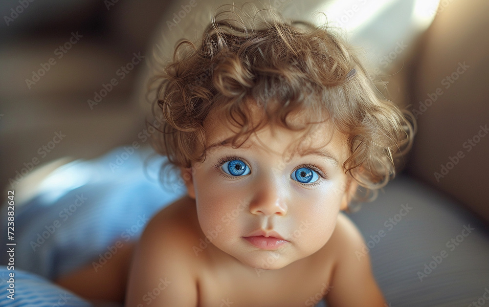 Multiracial Baby With Blue Eyes Laying on Bed Multiracial Baby With Blue Eyes Laying on Bed
