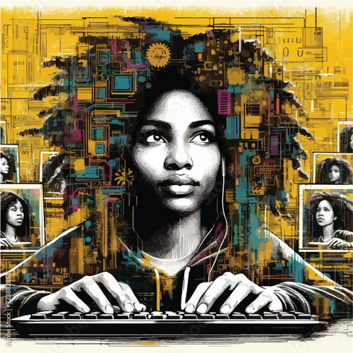 A colorful portrait of a young woman with headphones, symbolizing a female African computer programmer in digital art.