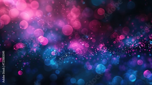 Color light overlay. Fluorescent radiance. Defocused vibrant pink blue soft flecks texture on dark art empty space background photo