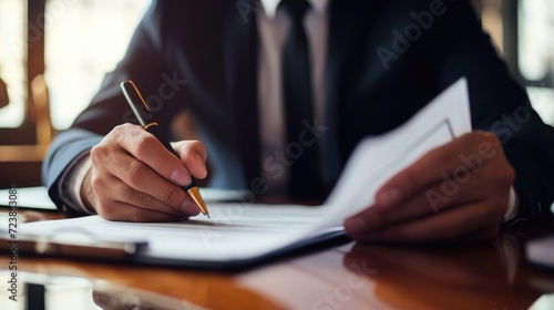 business consultant lawyer reading a contract, signing papers