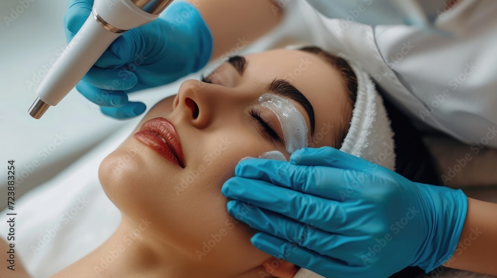Close up of therapist's hands in protective gloves holding hydrafacial tool and performing anti aging progress to beautiful young woman forehead at beauty salon Close up of therapist's hands in protective gloves holding hydrafacial tool and performing anti aging progress to beautiful young woman forehead at beauty salon