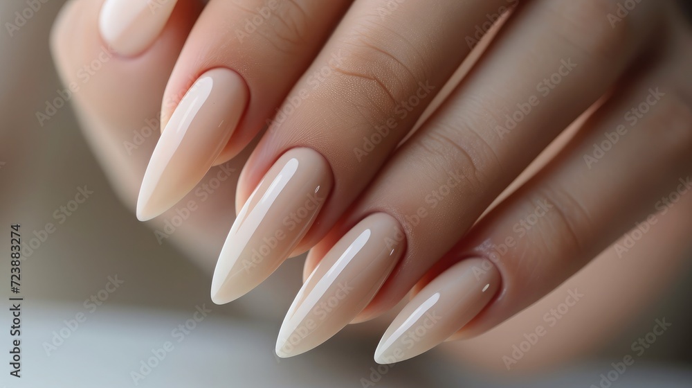Closeup to woman hands with elegant neutral colors manicure. Beautiful nude manicure on long almond shaped nails. Nude shade nail manicure with gel polish Closeup to woman hands with elegant neutral colors manicure. Beautiful nude manicure on long almond shaped nails. Nude shade nail manicure with gel polish