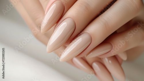 Closeup to woman hands with elegant neutral colors manicure. Beautiful nude manicure on long almond shaped nails. Nude shade nail manicure with gel polish