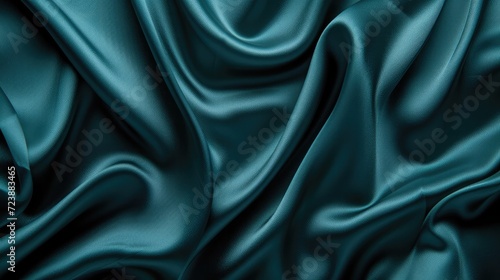 Dark teal green silk satin tight Soft wave. Shiny smooth fabric. Soft folds. Luxury background with space for design. web banner. Flat lay, top view table. Birthday