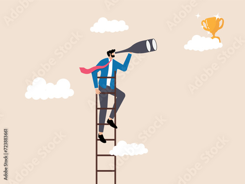 Climb the stairs, binoculars at the cup behind the clouds. Illustrating the journey to business success, the determination to climb the ladder while keeping your sights set on lofty goals.