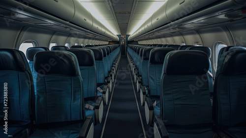 Empty passenger seats inside a airplane background.