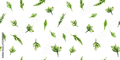 Seamless patternwatercolor spring leave mint rosemary melissa plants botany garden textile wrapping  © lidianureeva