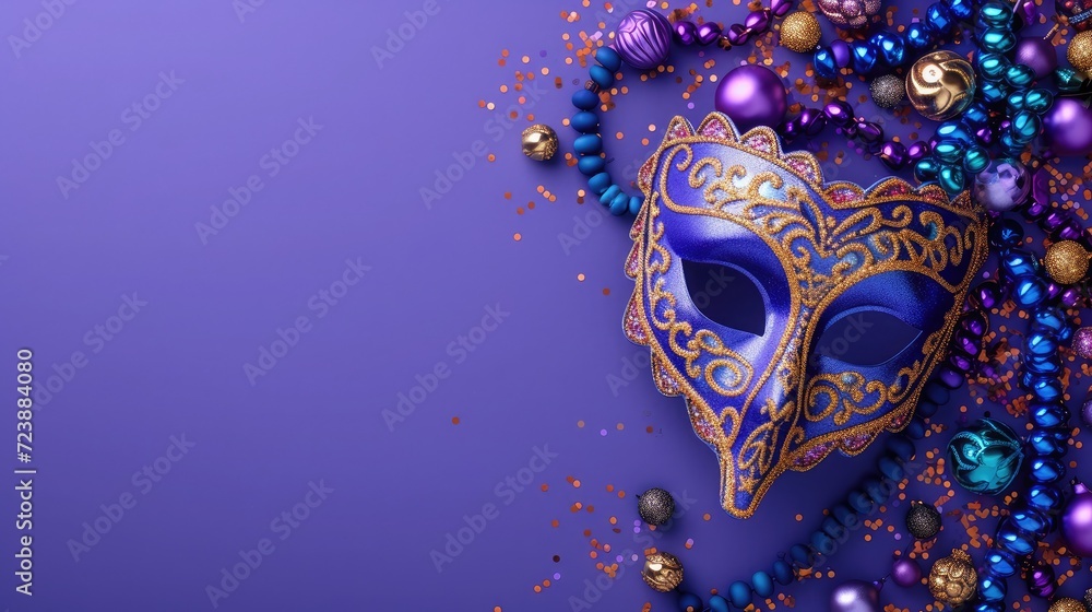 Mardi Gras carnival mask and beads on purple background