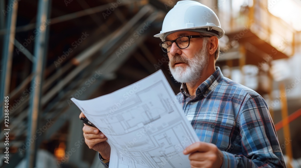 Mature architect wearing hardhat inspecting new building, looking at the construction plan. Mature architect wearing hardhat inspecting new building, looking at the construction plan.