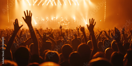 Dancing enthusiasts immerse in the vibrant energy of a music-filled night, surrounded by a lively crowd at a concert event, where lights, music genres like disco and rock, and the joyous atmosphere bl