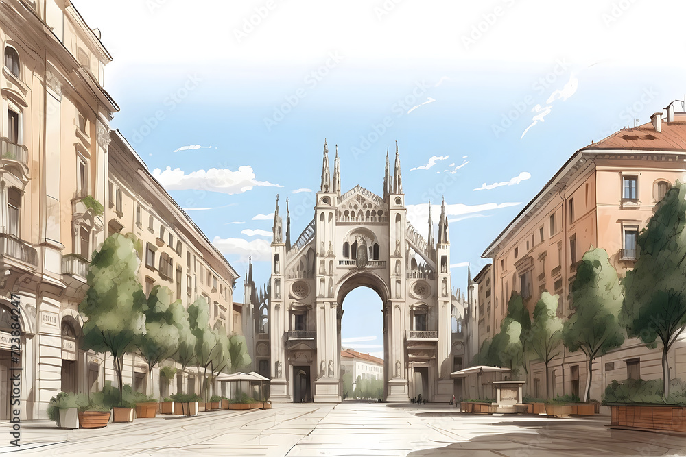 Front view of aesthetic Milan landscape illustration or cartoon