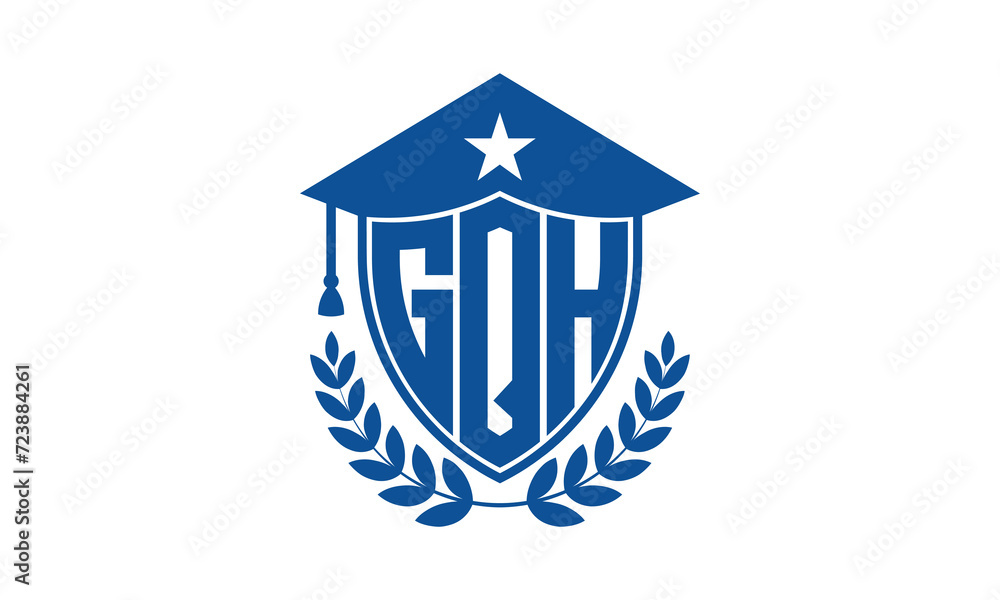 GQH three letter iconic academic logo design vector template. monogram, abstract, school, college, university, graduation cap symbol logo, shield, model, institute, educational, coaching canter, tech GQH three letter iconic academic logo design vector template. monogram, abstract, school, college, university, graduation cap symbol logo, shield, model, institute, educational, coaching canter, tech
