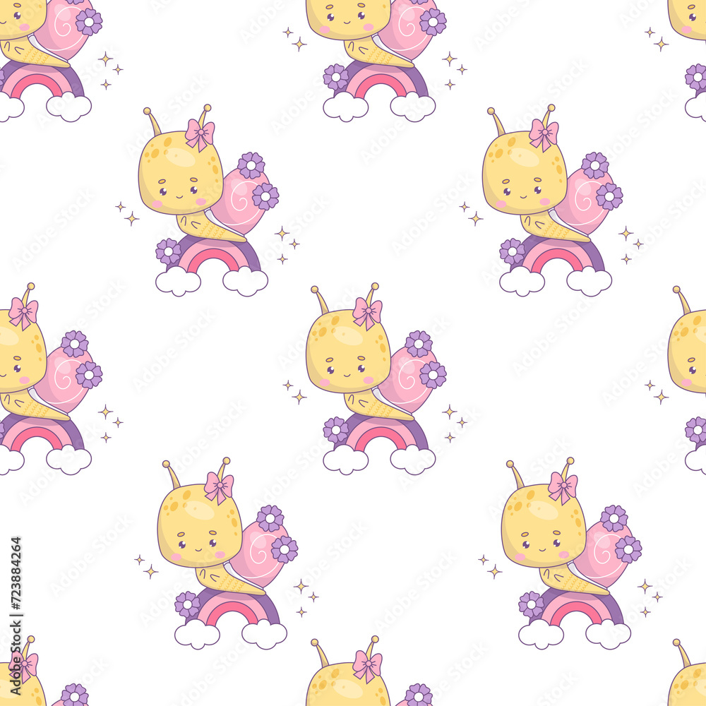 Seamless pattern with  snail girl  on rainbow