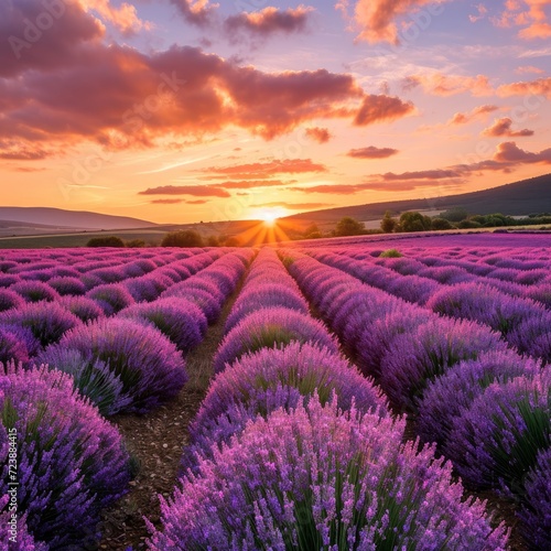 Lavender flowers, Stunning landscape with lavender field at sunset 