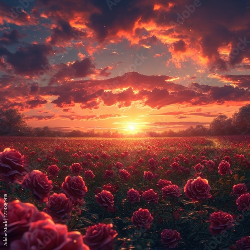Rose field. Stunning landscape with Roses field at sunset 