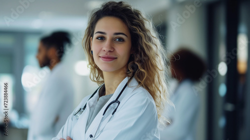 A female doctor in a white coat smiles