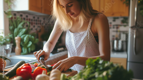 a woman cooks in the kitchen
