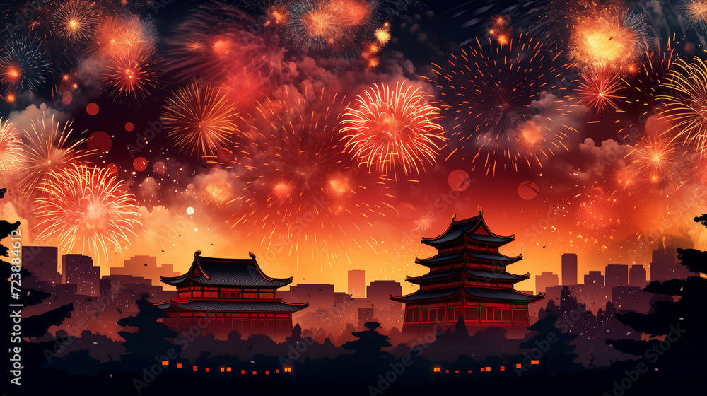  A vibrant celebration lights up the night sky with dazzling fireworks, painting the cityscape with bursts of color and joy