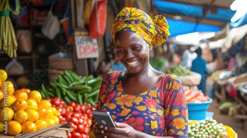 Portrait of smiling african woman using mobile phone in a local market.