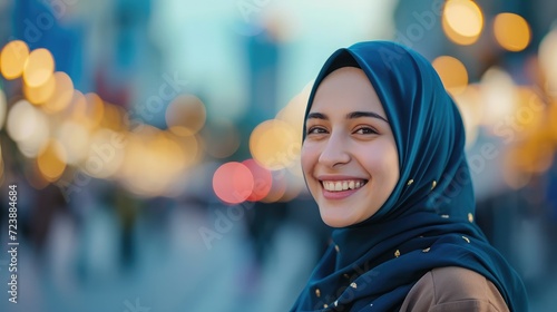 Portrait of happy muslim woman, smiling and enjoying moment in the city with skyscarpers © buraratn
