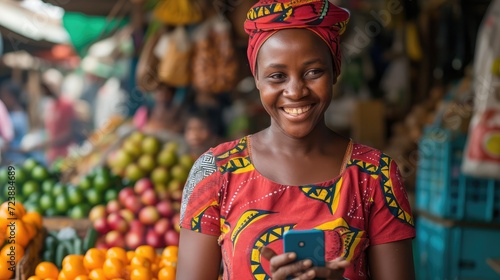 Portrait of smiling african woman using mobile phone in a local market. © buraratn
