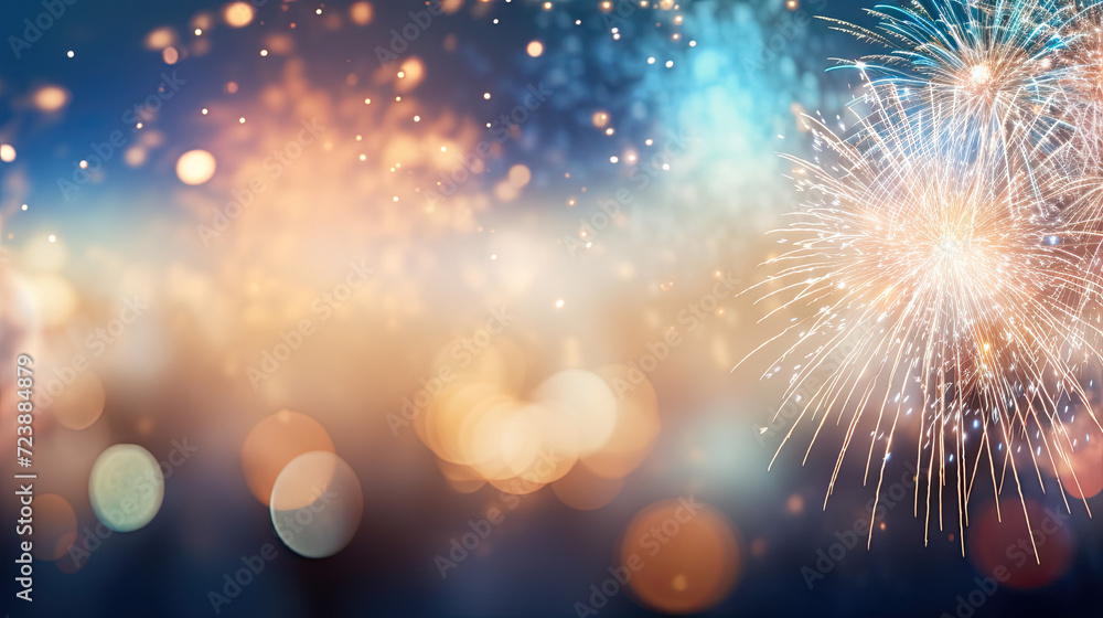 Fototapeta premium Fireworks and bokeh in New Year eve and copy space. Abstract background.