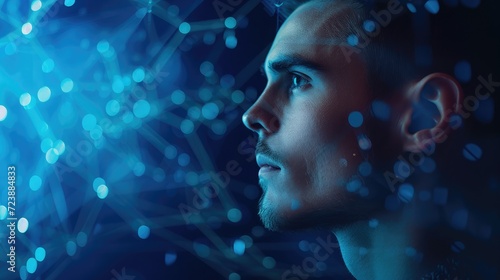 Side view profile of handsome young man against futuristic hologram background. Science, technology, future and AI concept.