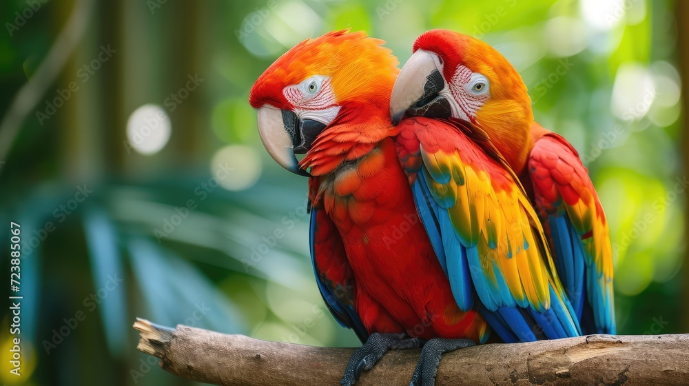 two parrots sitting together and hugging