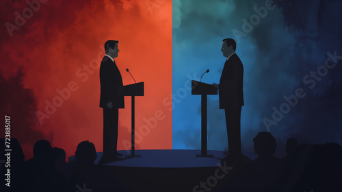 Political Debate Concept Illustration. Two Opposing Candidates on Stage with a Divided Red and Blue Background - A Metaphor for Bipartisan Politics and Elections photo