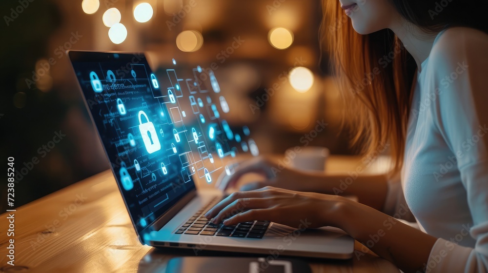 Woman using a laptops computer show a Privacy Lock icon on virtual screen interfaces