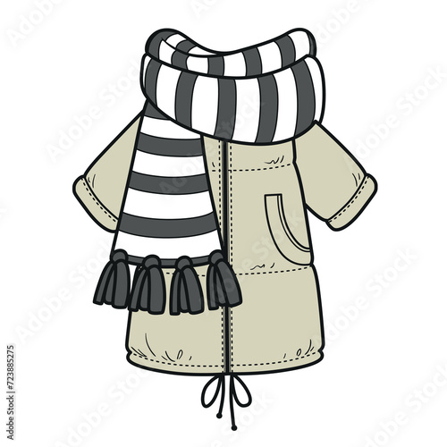 Casual oversized heavily insulated coat with a large striped scarf color variation for coloring page