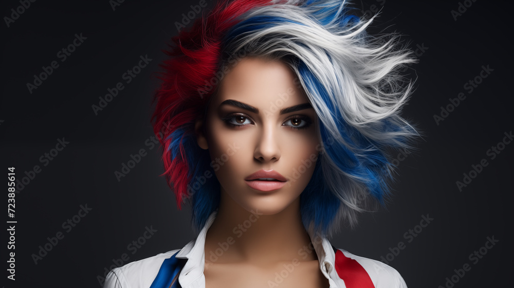 Fabulous woman with red white and blue hair, beautiful female long wavy hair beauty salon, fashion model concept healthy, natural hair Fabulous woman with red white and blue hair, beautiful female long wavy hair beauty salon, fashion model concept healthy, natural hair