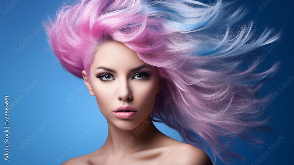Fabulous woman with pink, rainbow, multi-color hair, beautiful female long wavy hair beauty salon, fashion model concept healthy, natural hair