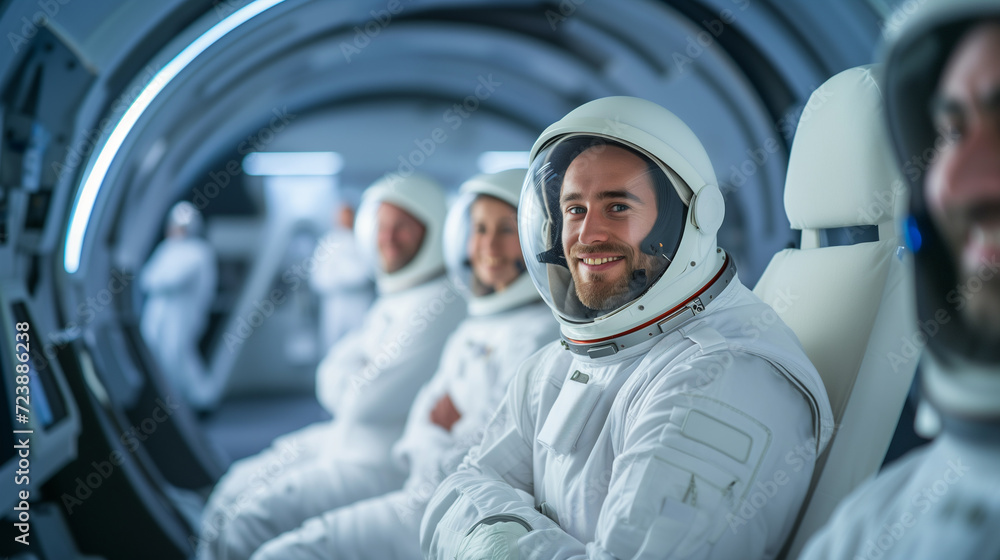 Confident Astronaut with Crew in Background. Confident Astronaut with Crew in Background.