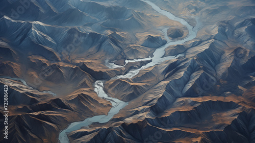 aerial view of a river in the middle of a rocky area.