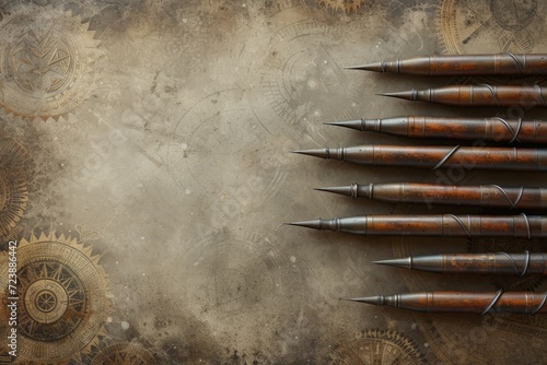 A collection of steampunk inspired writing implements displayed on an old map background. photo