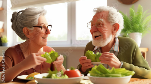 Illustration of Senior Couple eating a healthy salad