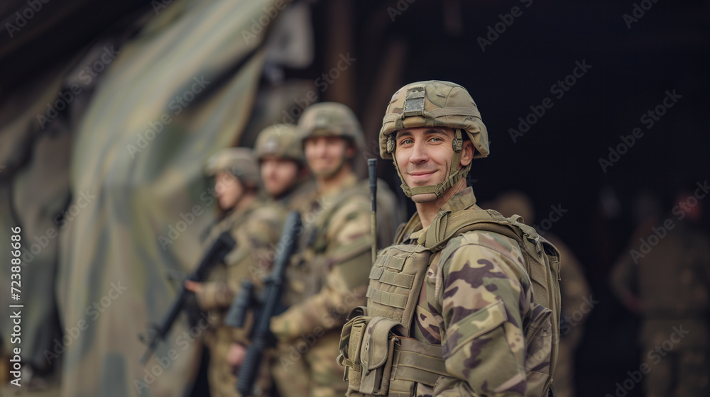 Joyful Armed Soldier with Comrades.