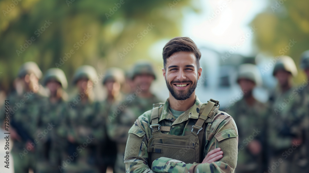Fototapeta premium Joyful Armed Soldier with Comrades.