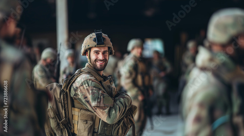 Joyful Armed Soldier with Comrades. photo