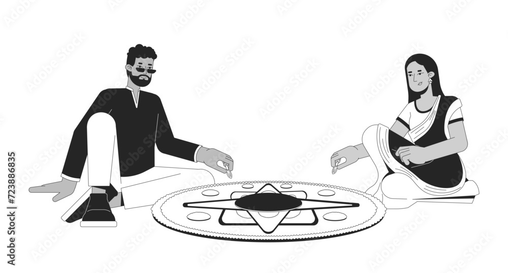 Indian couple creating kolam black and white 2D line cartoon characters. Custom family isolated vector outline people. Hindu festival of lights Deepawali monochromatic flat spot illustration Indian couple creating kolam black and white 2D line cartoon characters. Custom family isolated vector outline people. Hindu festival of lights Deepawali monochromatic flat spot illustration