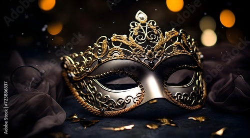 Traditional black carnival mask on a dark background with bokeh.