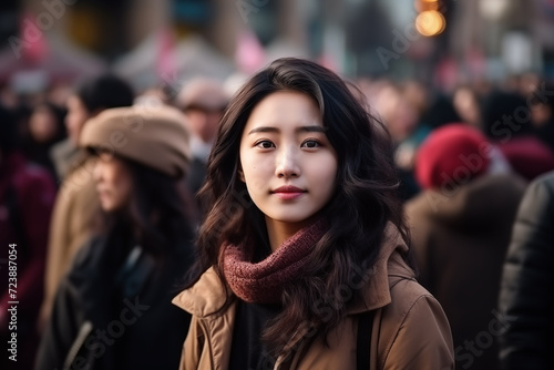 young beautiful chinese woman in the city street.