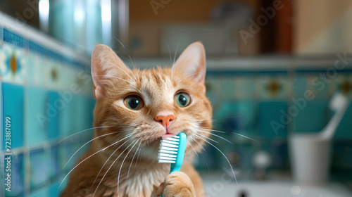 A funny cat with a toothbrush brushes her teeth, performs oral hygiene on the background of the bathroom.