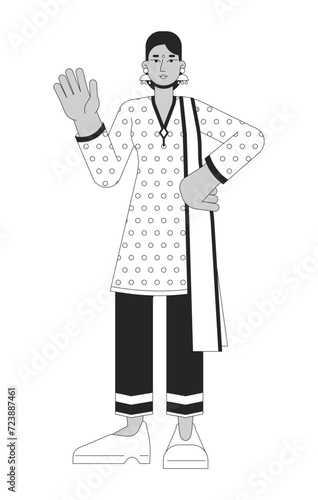 Traditional indian ethnic wear woman waving black and white 2D line cartoon character. Hindu beautiful isolated vector outline person. Festival of lights Deepawali monochromatic flat spot illustration